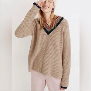 Madewell V-Neck Ribbed Knit Wool bled Sweater - Tan with striped trim